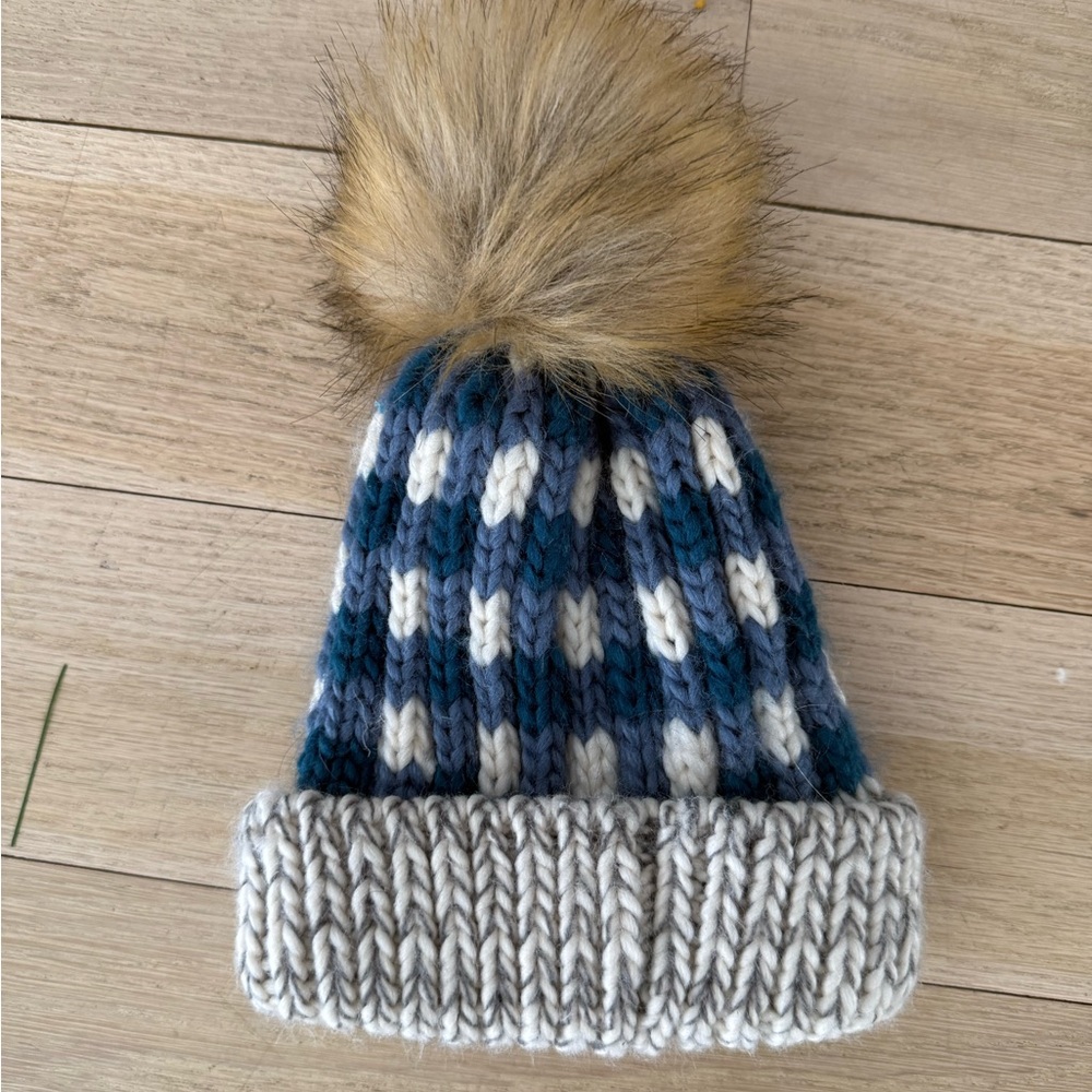 Cozy Blue and Gray Knit Pom-Pom Hat for 9-18 months
